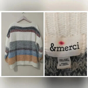 &Merci Sz 1XL/2XL Mohair Striped Boat Neckline Sweater Fall Colors